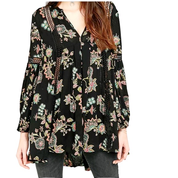 Free People Just The Two Of Us Womens Black Floral Tunic Blouse Size Small - Picture 2 of 9
